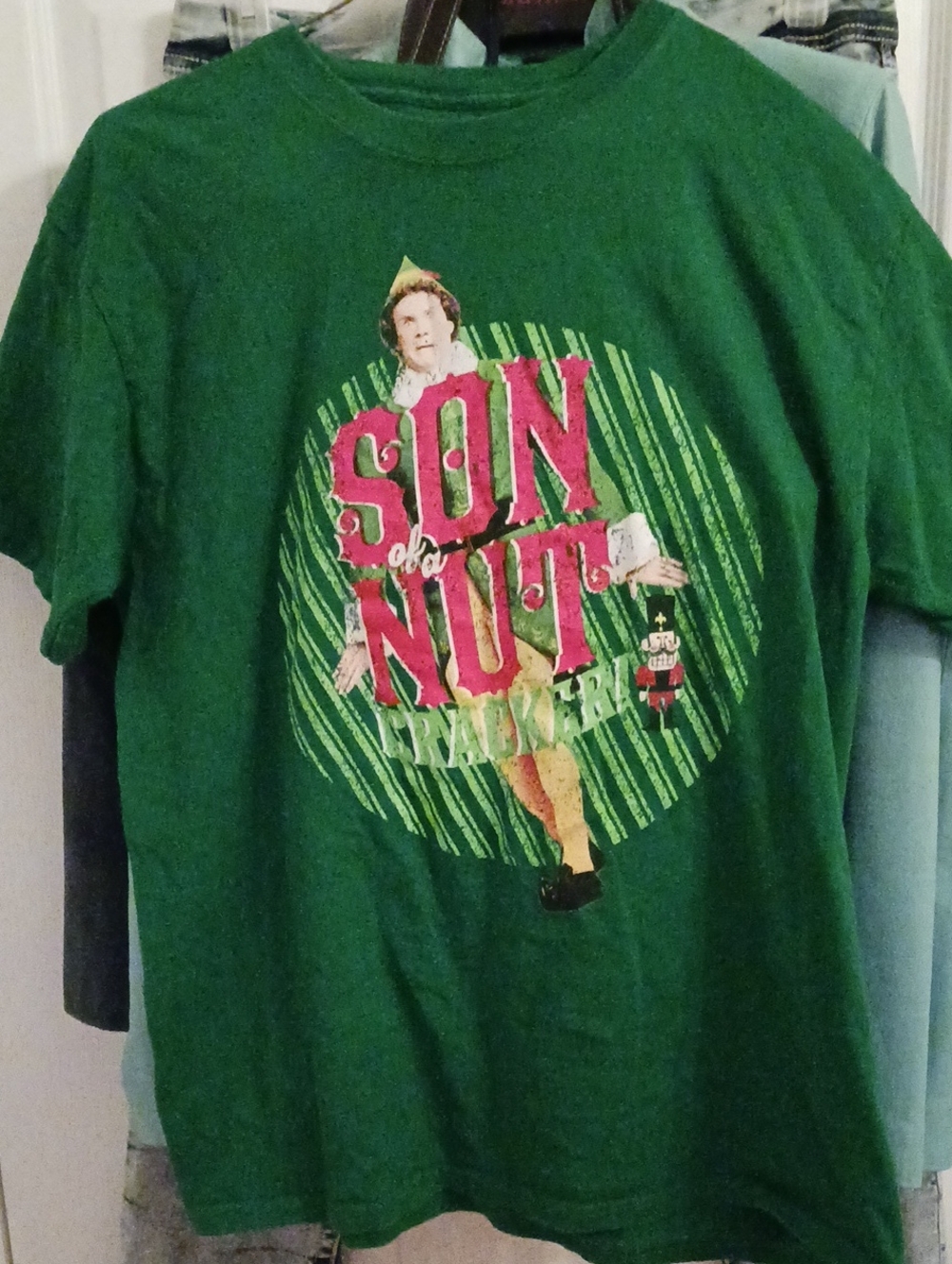Kids Large Green Graphic Tee - 'Son of a Nut Cracker' Elf Design